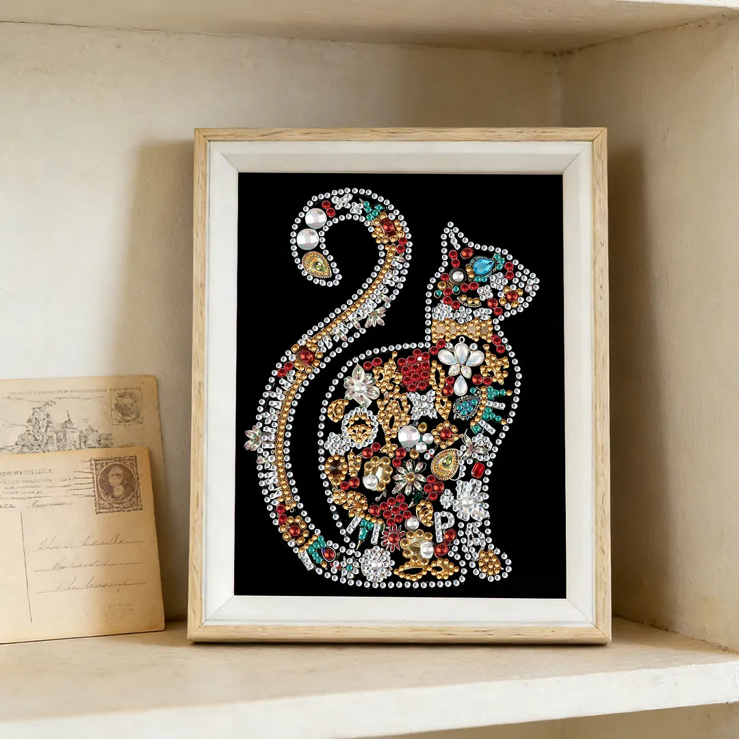 Jewelry Cat Silhouette Special Shaped 5D DIY Partial Drill Diamonds Dots Gem Art Kits with Wooden Frame Diamonds Paintings Gem Art 17x22cm for Adults Beginners Home Decor
