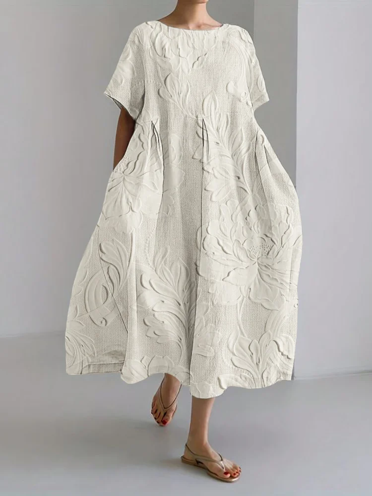 Classy Floral Relief Art Linen Blend Maxi Dress