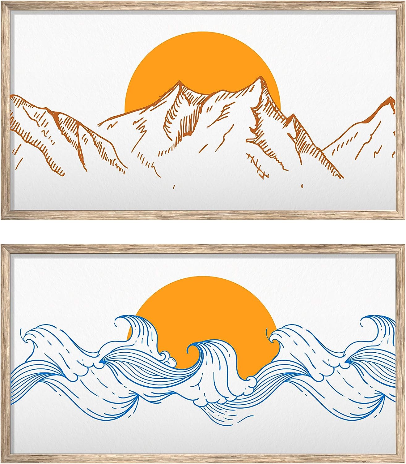 NUSNOS Framed Wall Art; Minimalist Wall Art SEA & MOUNTAIN Wall Decor Aesthetic; 2 x Japanese Wall Art Wooden Frames, Bedroom Wall Decor Living Room Each Canvas Art 23 x 12.5 IN: Light OAK Color Frame Sea &amp; Mountain Set - Light Oak Frame