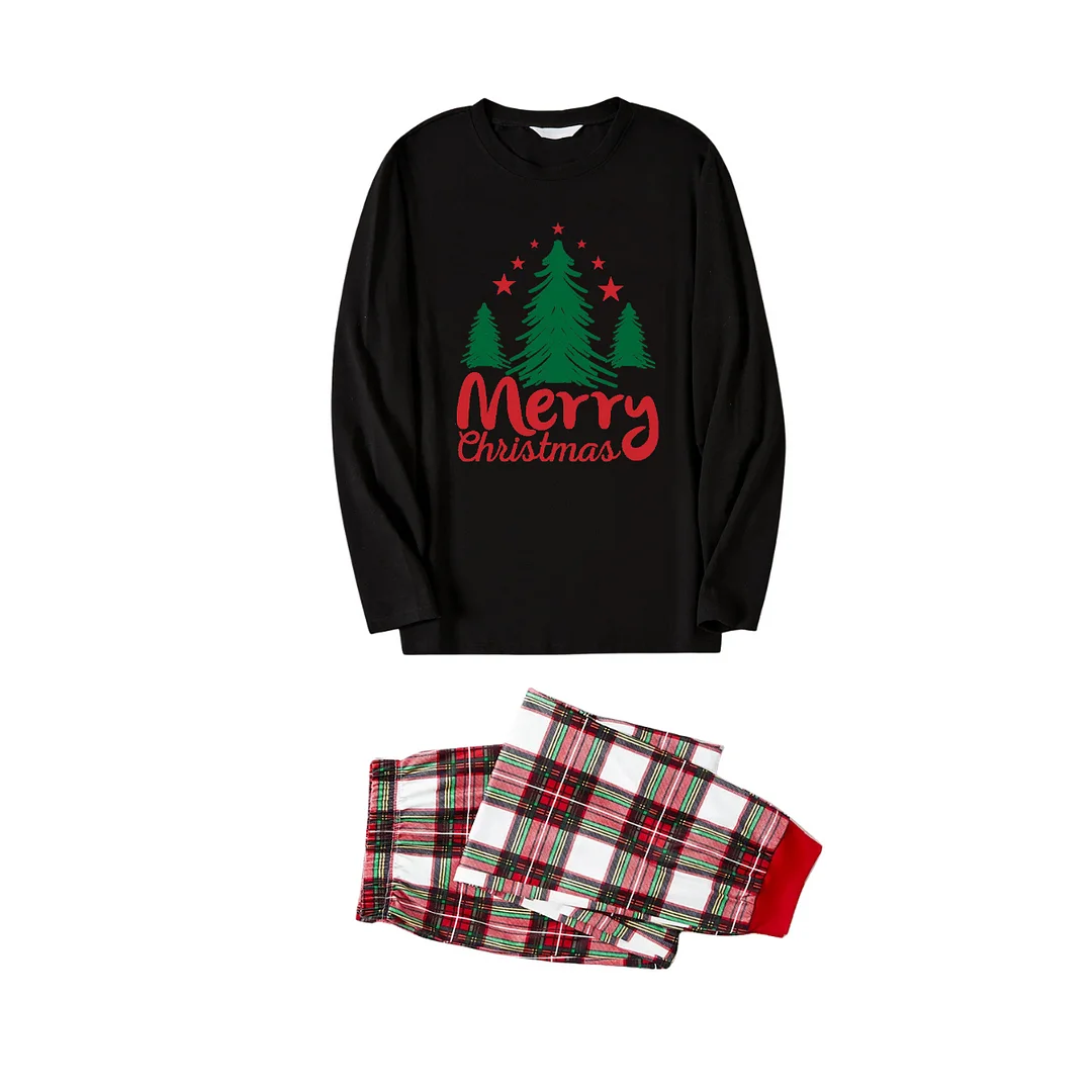 Merry Christmas Letter & Tree Printed Pattern Black Long Sleeve Top and Red & White Plaid Pants Family Matching Pajamas