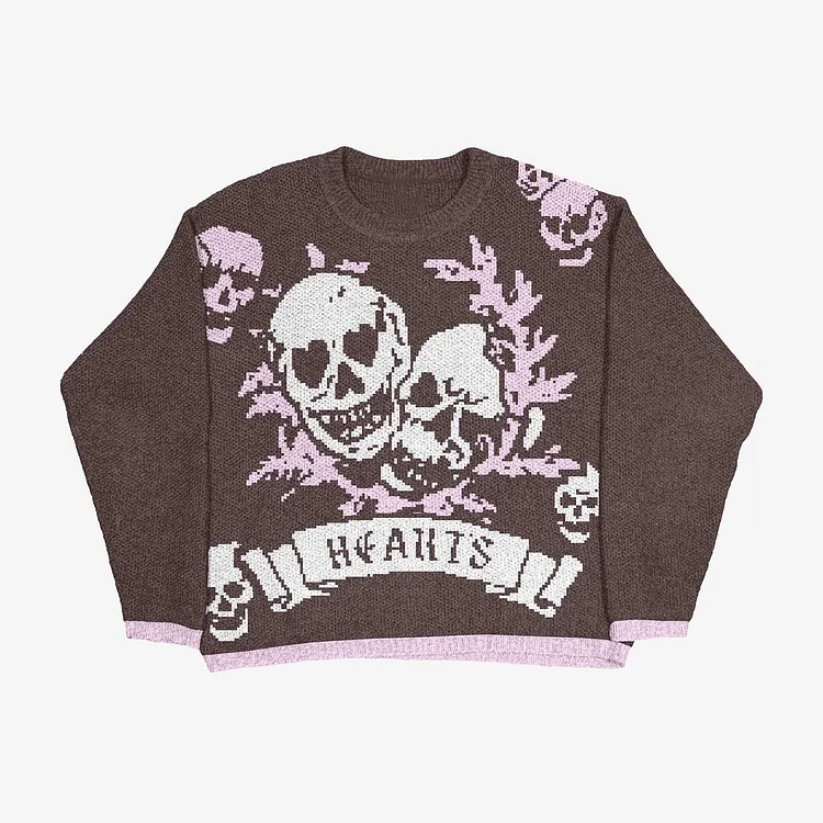 Skull Contrast Jacquard Long Sleeve Pullover Sweater Knit Loose Sweater at Hiphopee