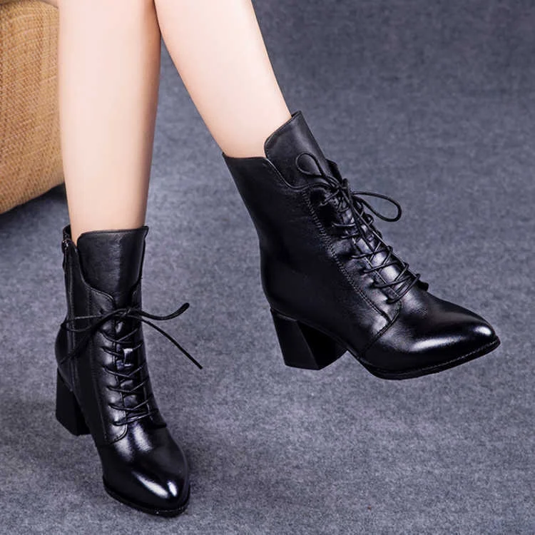Comemore High Heels Soft Leather 2021 Winter Lace Up Ankle Boots Girls Black Plush Warm Women's Mid-heel Cotton Shoes Dr Martens