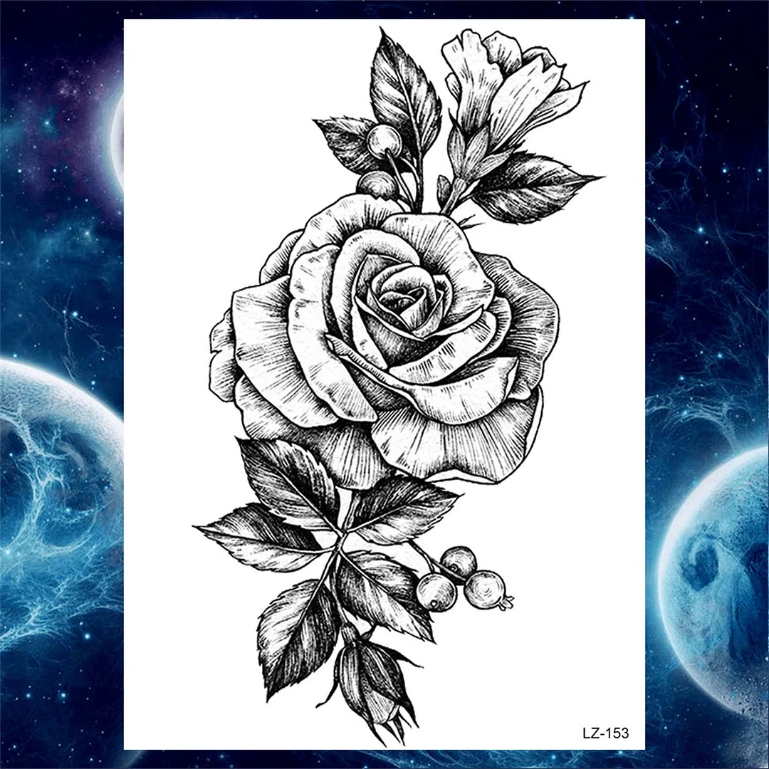 Large 3D Rose Flower Temporary Tattoos For Women Men Adults Death Skull Tattoo Sticker Peony Dahlia Black Fake Tatoos Forearm