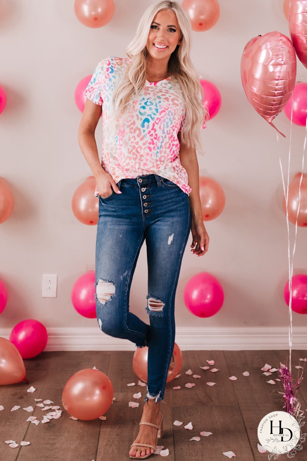 Colorful Leopard Print V Neck Tee for Stylish Summer Looks