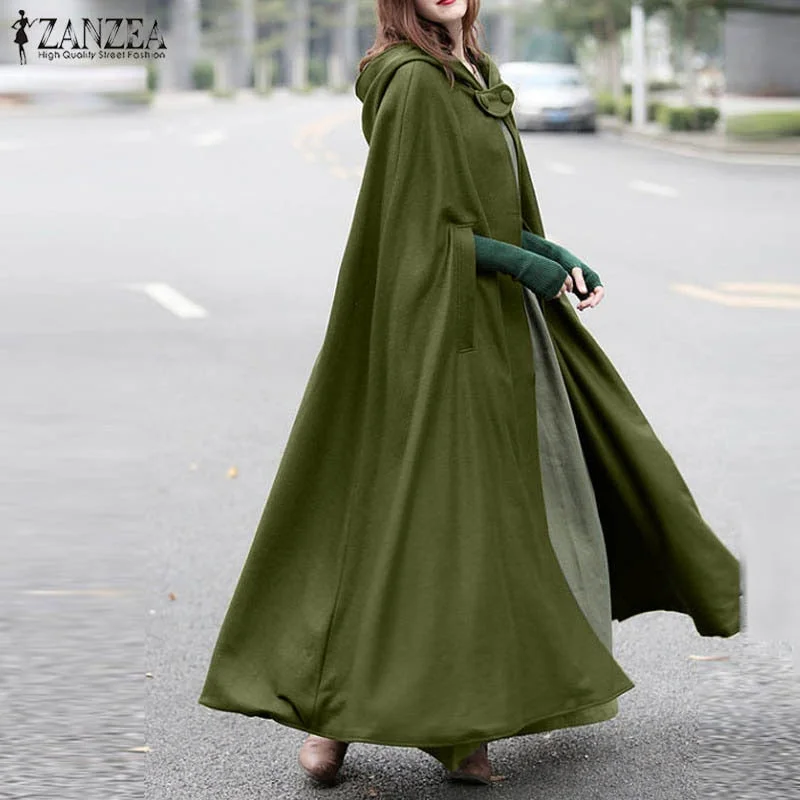 ZANZEA Women Winter Long Cape Cloak Autumn Hoodies Christmas Poncho Hooded Cloak Coat Outwear Windbreaker Streetwear Jackets