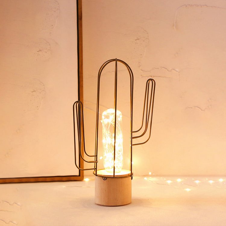 Capsule Clear Glass Night Light Kids Gold Rechargeable LED Table Lamp with Cactus Steel Cage Guard