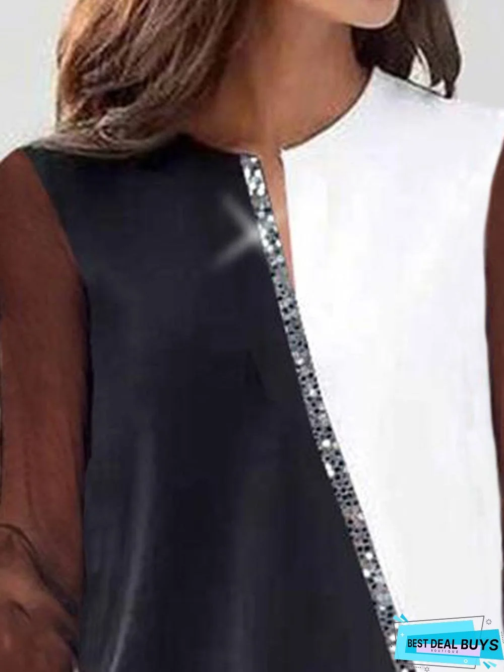 Mesh Long Sleeve Color-block Casual Tunic Top