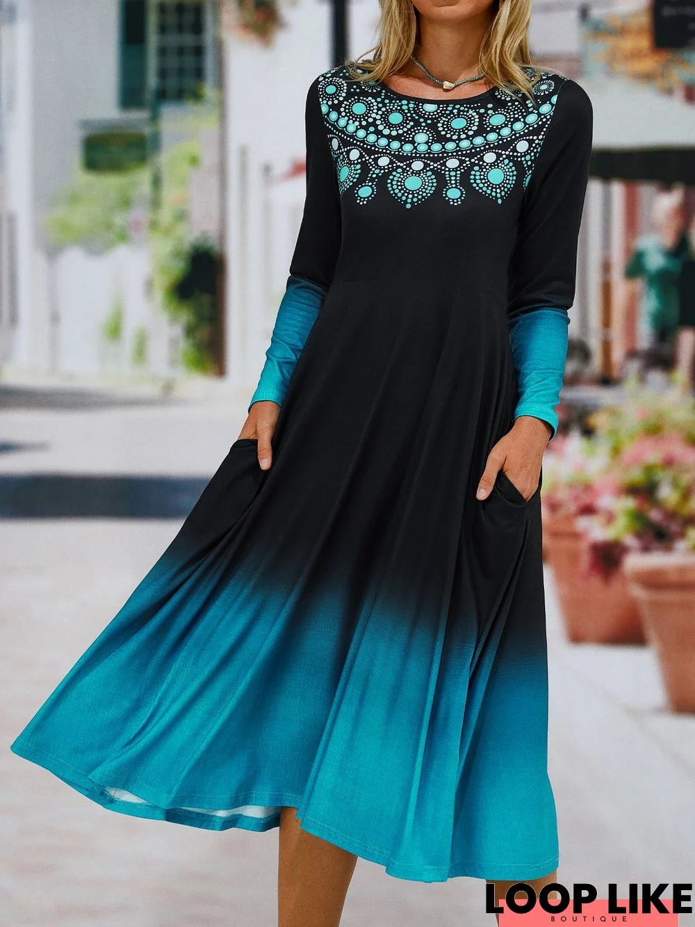 Ethnic Crew Neck Casual Long Sleeve A-Line Dress