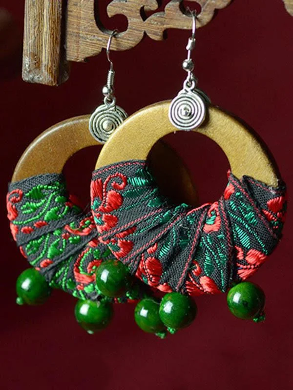 Vintage Wood Cloth Embroidered Earrings