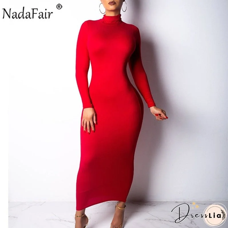 Christmas Gift Nadafair Sexy Women Dress Long Sleeve Turtleneck Autumn Winter Solid Casual Basic Black White Bodycon Slim Maxi Dress For Women