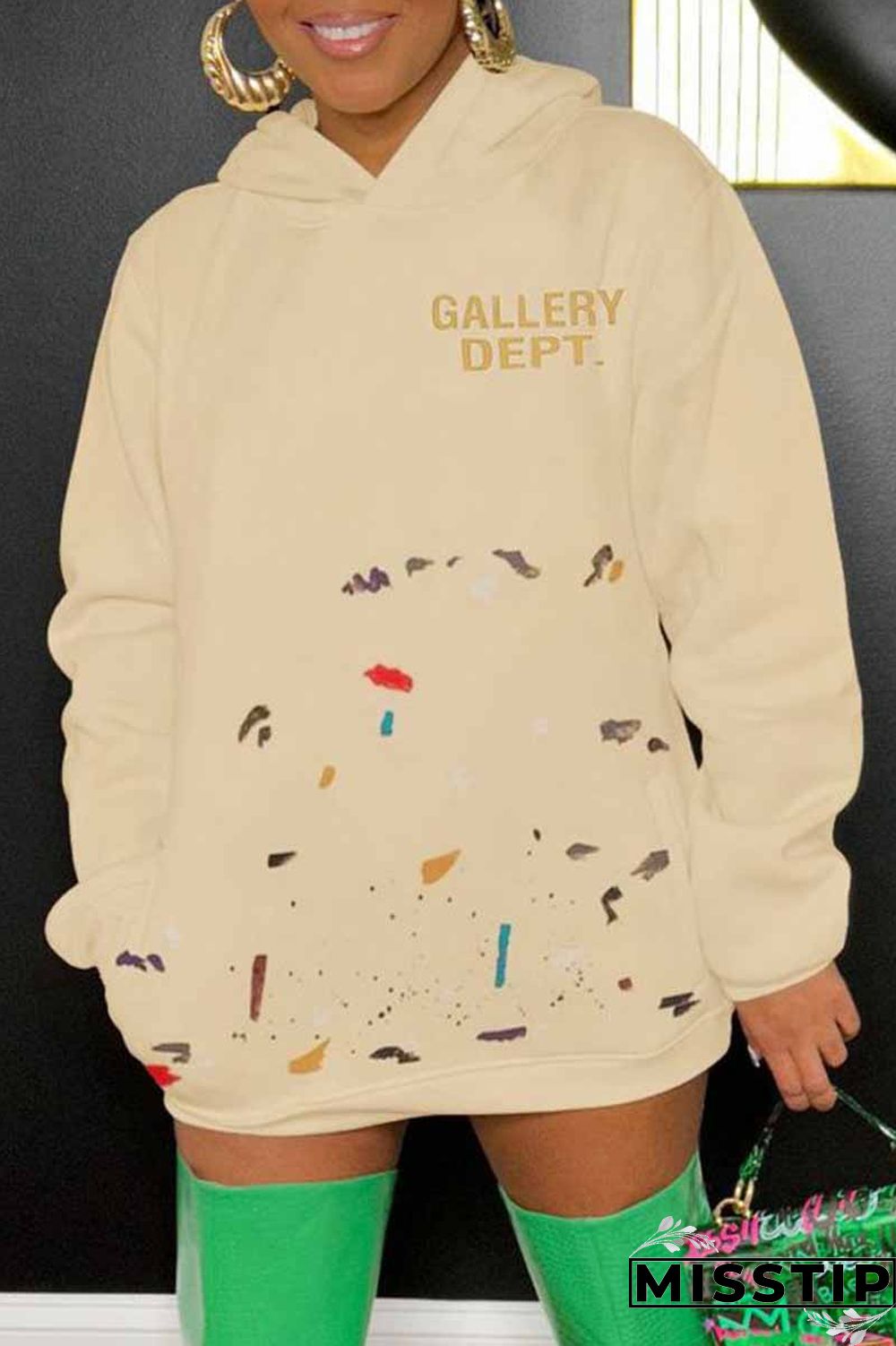 Black Street Print Letter Hooded Collar Tops