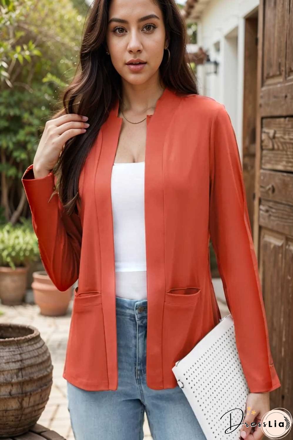solid long sleeves pockets open front versatile blazer