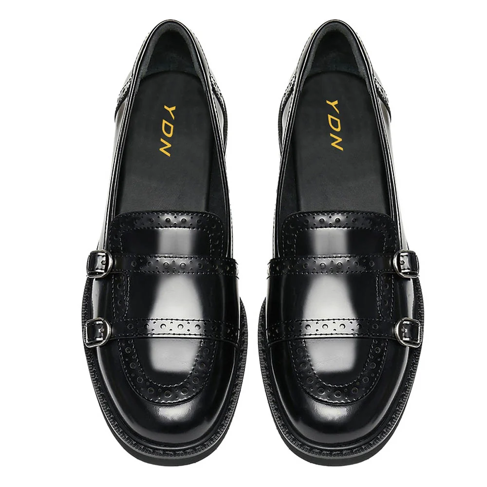 Patent Leather Round Toe Buckle Decor Loafer Heels in Black