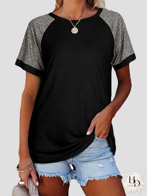 Casual Round Neck Short Sleeve Two Color T-shirts for Women