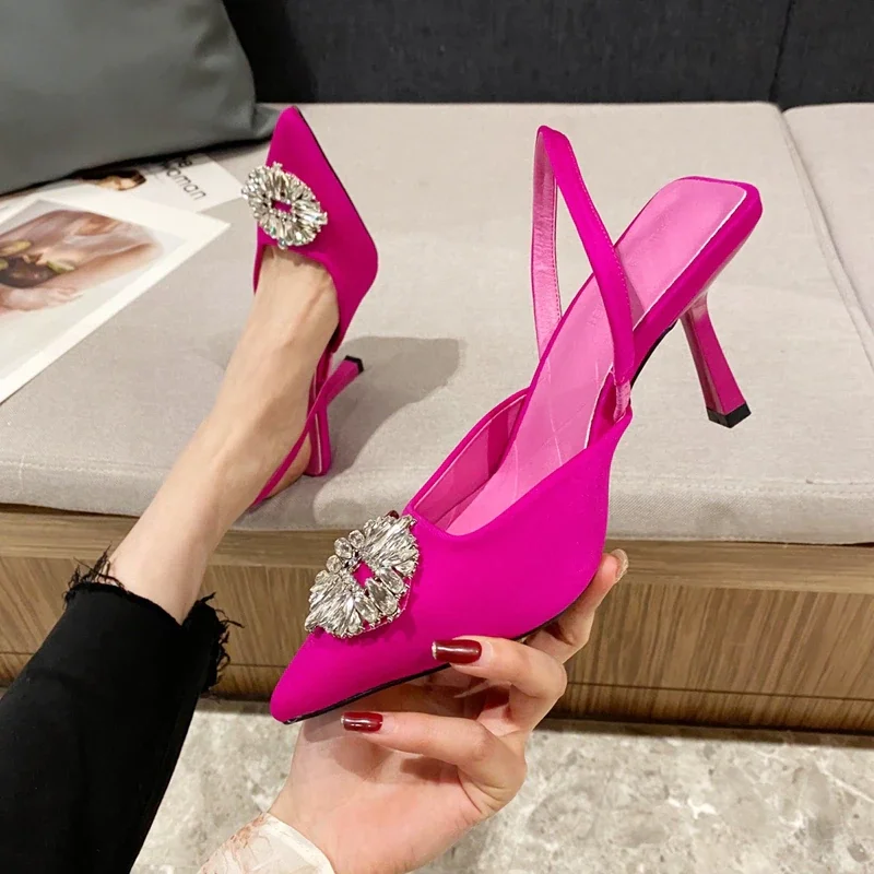 Qengg New Women's Shoes Pointed Toe Shallow Nude Pink Diamond Shoes Low Heel Back Strappy Shoes Women