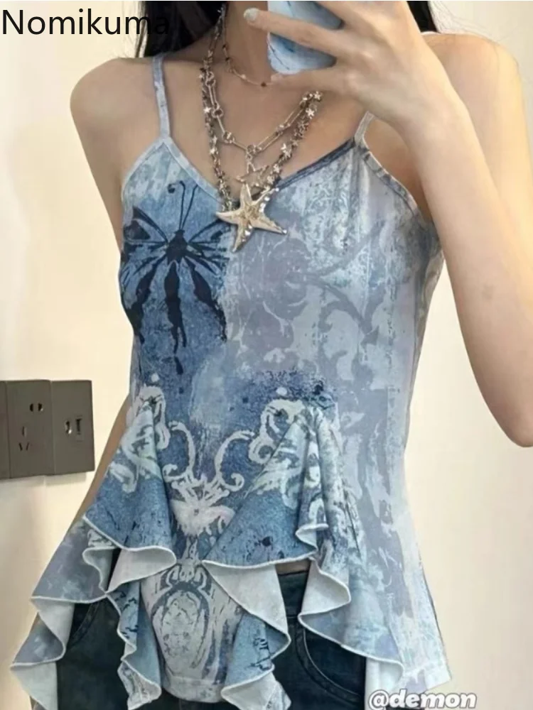 Wongn Crop Tops Women's Clothing Fashion Summer Vest Floral Ruffles Tunic Backless Camis Korean Irregular Y2k Tanks Ropa Mujer