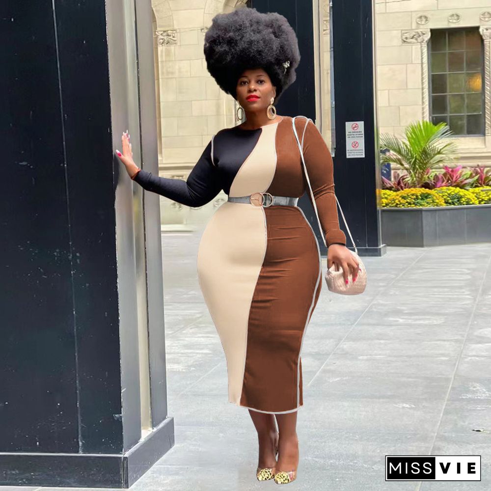 Plus Size Color Block O-Neck Bodycon Pencil Dress