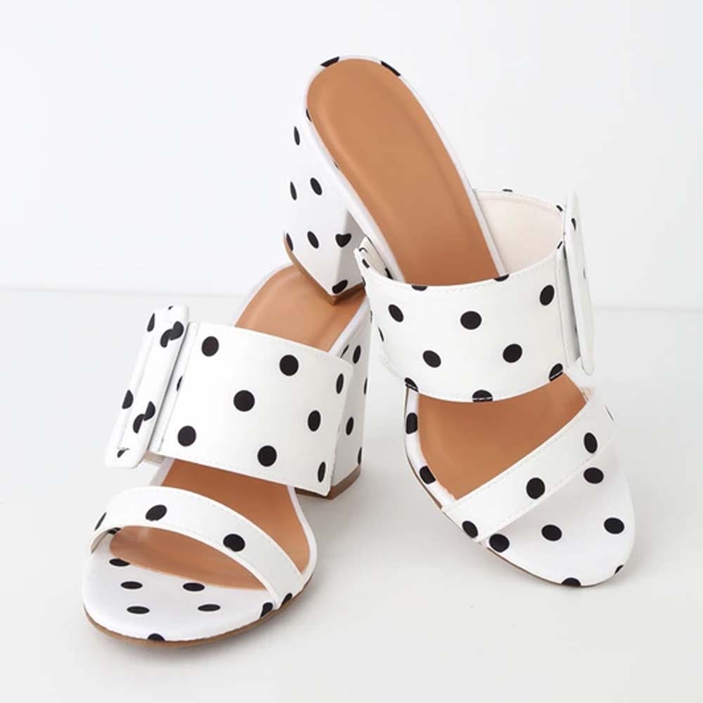 White Dot Open Toe Chunky Heel Mules with Buckle Nicepairs
