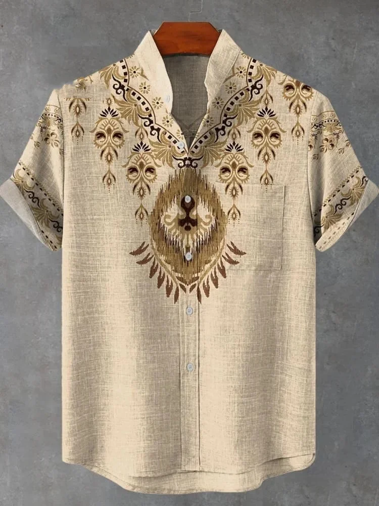 Vintage Ethnic Pattern Art Print Casual 100% Cotton Shirt