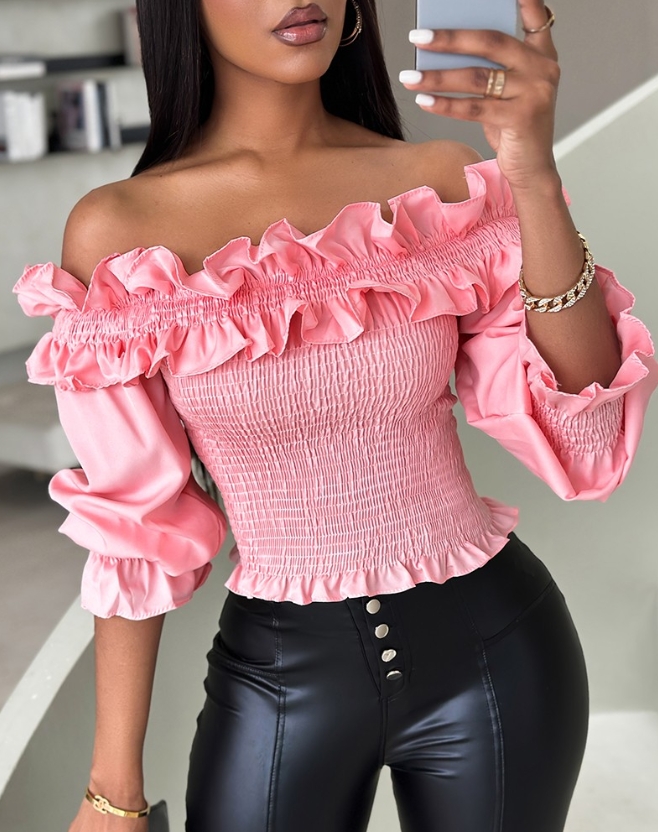 Top Women Spring Fashion Frill Hem Shirred Off Shoulder Casual Plain Long Sleeve Skinny Daily Bell Sleeve Top Y2K Clothes