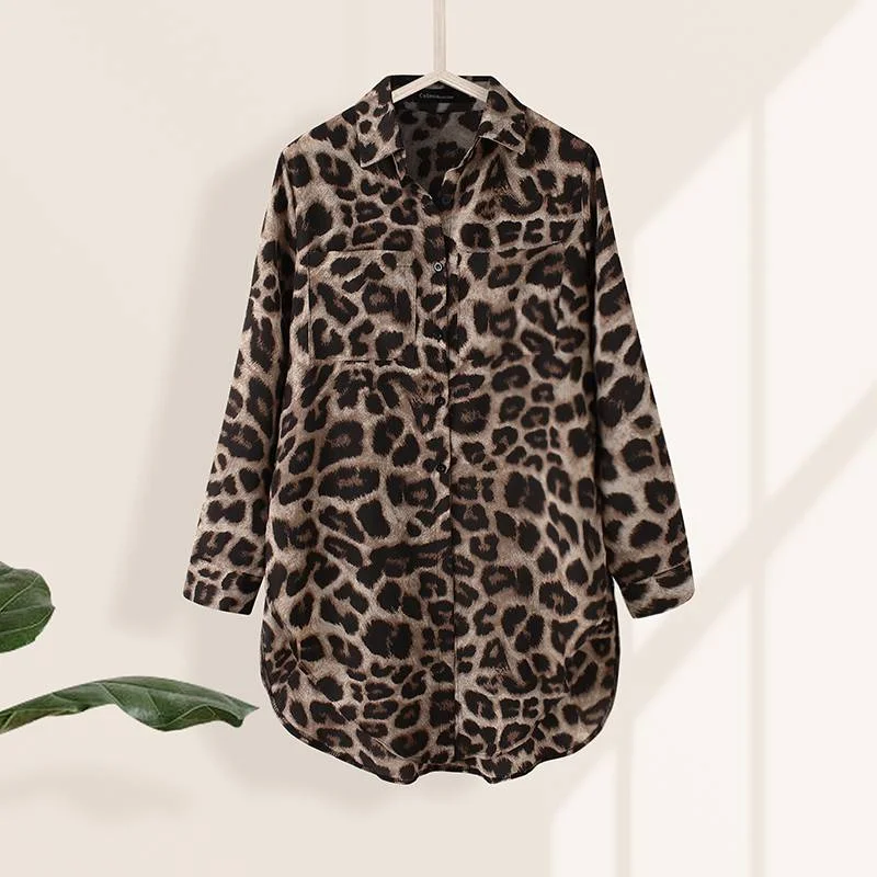 Fashion Women Shirts Sexy Leopard Print Blouses Celmia  Long Sleeve Casual Tops Buttons Elegant Office Long Blusas 7