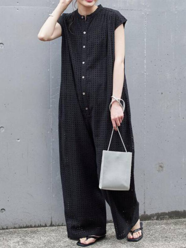 Loose Lace Plain Hollow Out Jumpsuit