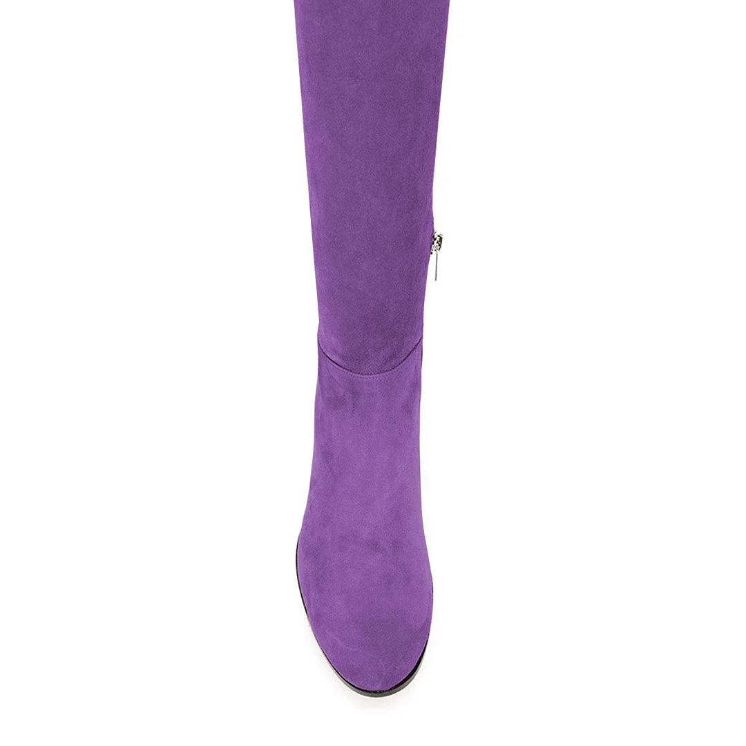 Round Toe Vegan Suede Low Heel Over The Knee Boots in Purple