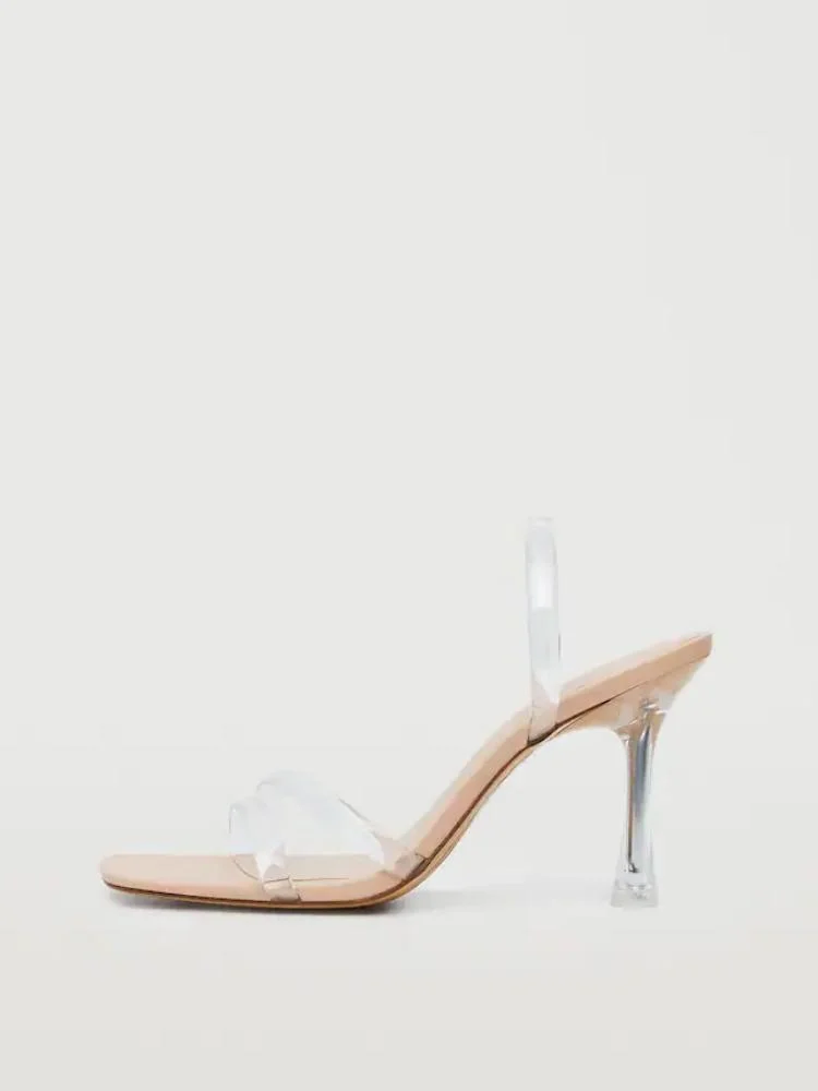 Clear Back Strap Square-Toe Funnel Heeled Sandals