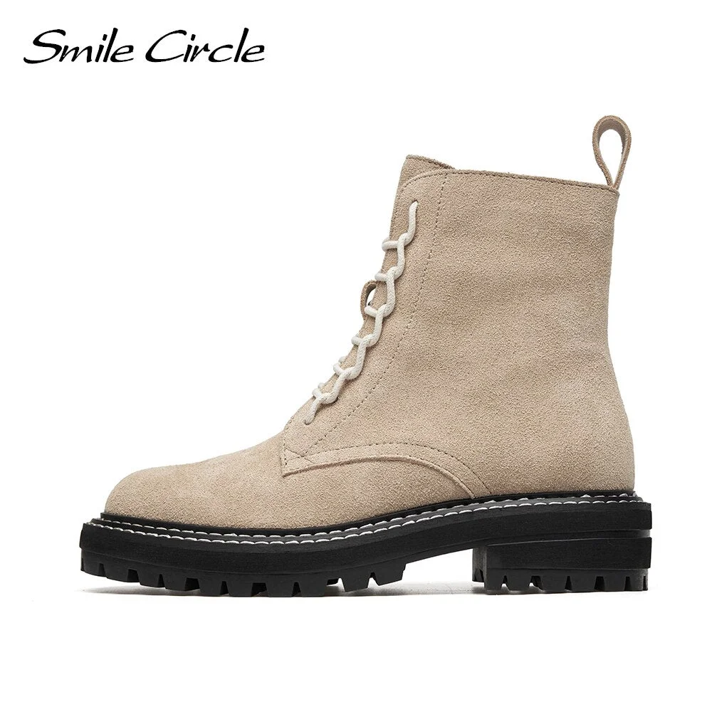 Smile Circle Ankle Boots Women Autumn Cow suede Platform Martin Boots Round toe Lace-up Chunky Side zipper Motorcycle Boots