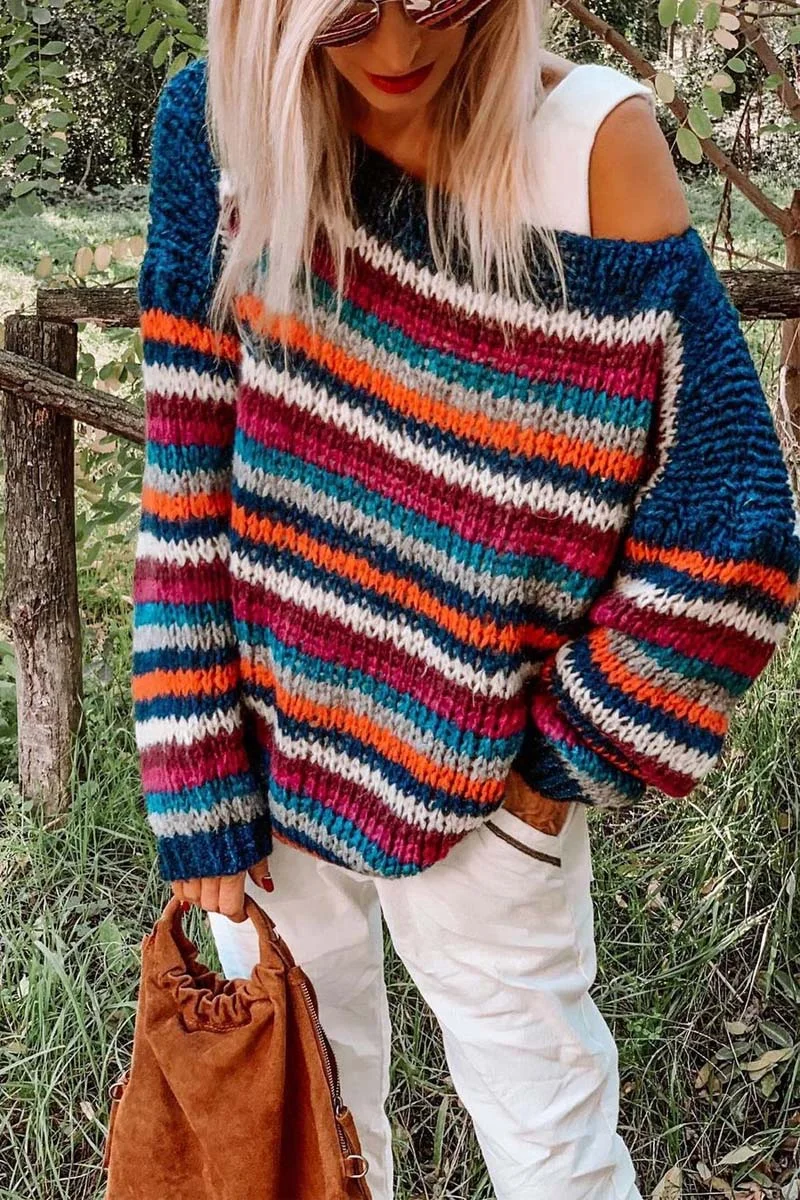 Abebey Loose Round Neck Rainbow Striped Sweater