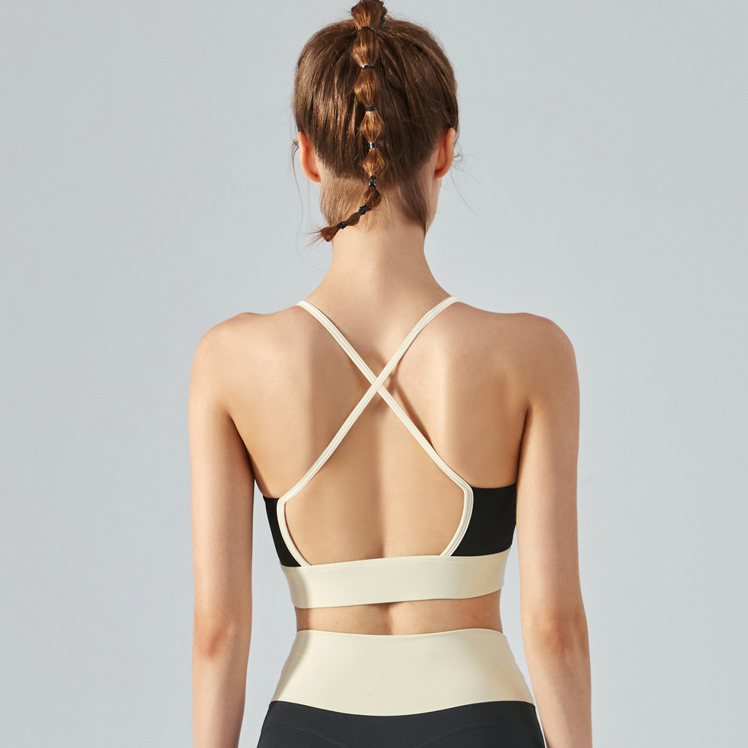 Buy different Black colors and types of women's shockproof thin straps contrast stitch yoga bra with high support on Hergymclothing