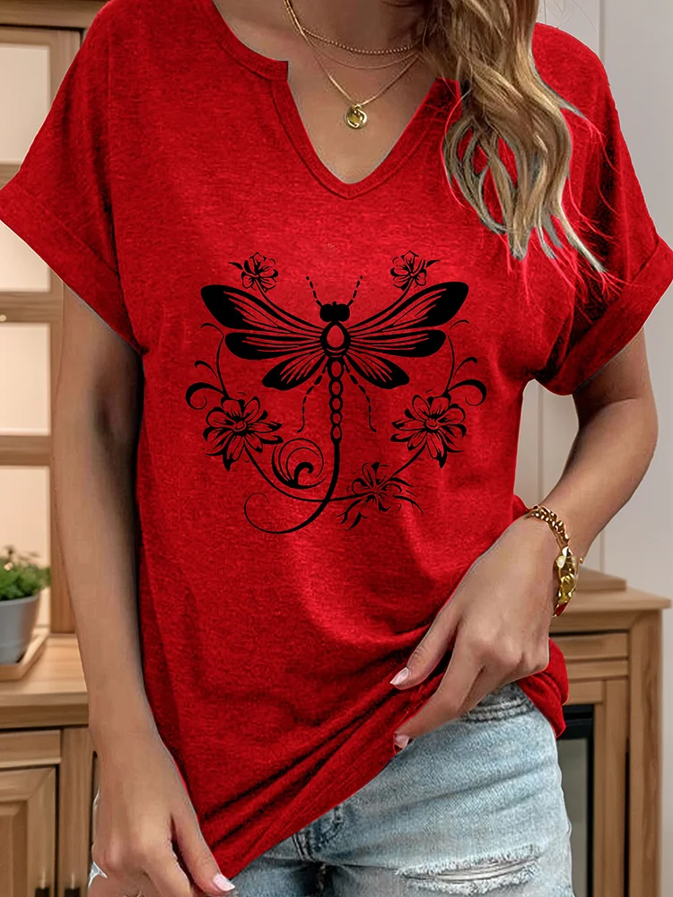 Stylish Vintage Women's V-Neck T-Shirt | Red With Black Graphic Design, Comfortable Fit, Perfect For Spring & Summer Outfits, Casual Short Sleeve, Everyday Tshirt