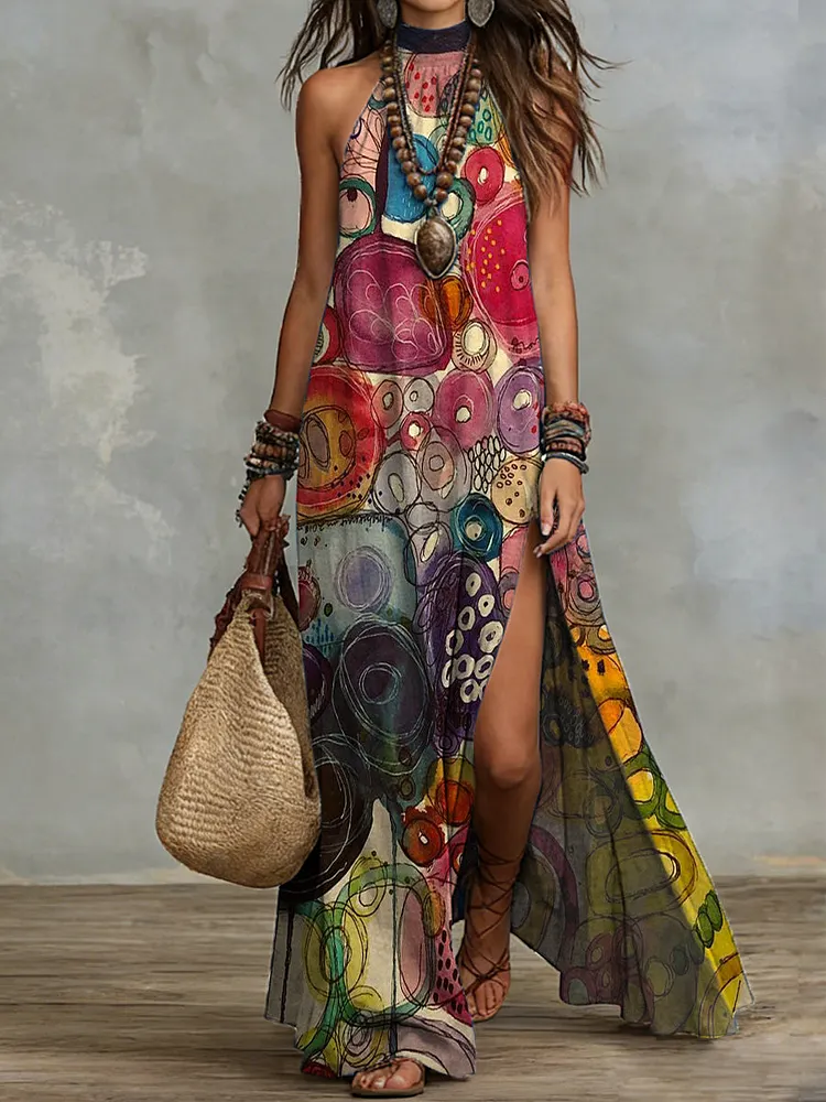 Bohemian Colorful Graffiti Halter-neck Slit Maxi Dress &acirc;&euro;&rdquo; Vacation-style Cotton-linen Printed Dress
