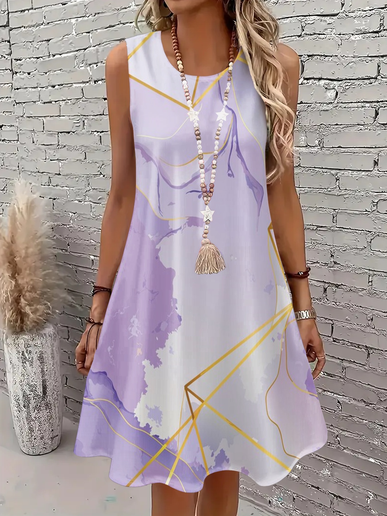 Women's Abstract Lavender & Golden Dress - Sleeveless Party Everyday Outfit - Machine Washable Formal/Casual Dress - Lavender And Golden Accent Dress For Women, Summer Fashion, Sophisticated Detailing, Vacation Outfit, Geometric Pattern | IFYHOME