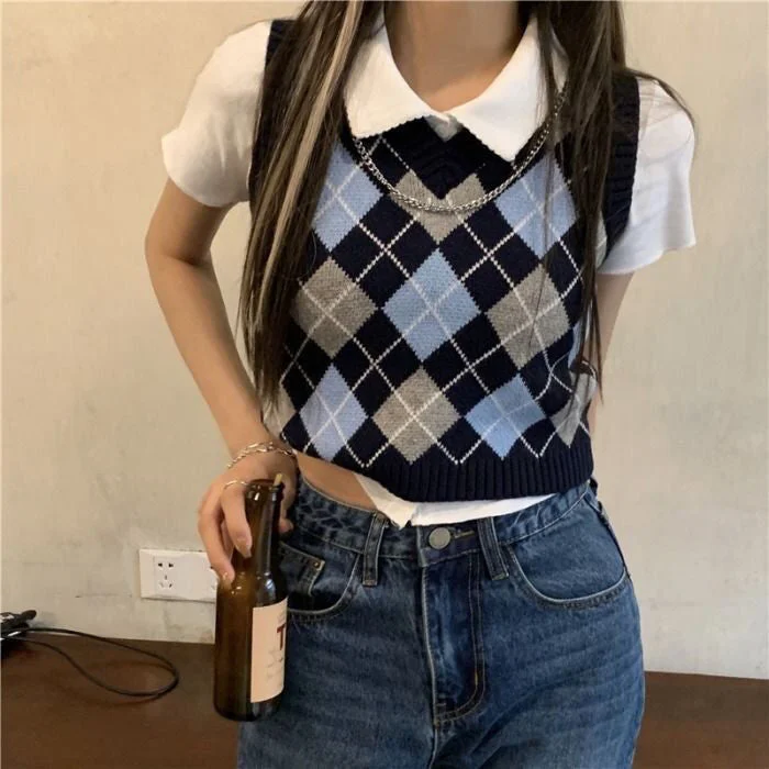 Sweater Vests Women Argyle Crops Knitted Feminine Simple V-neck Streetwear Spring Student Preppy Style Chic Leisure Retro Soft