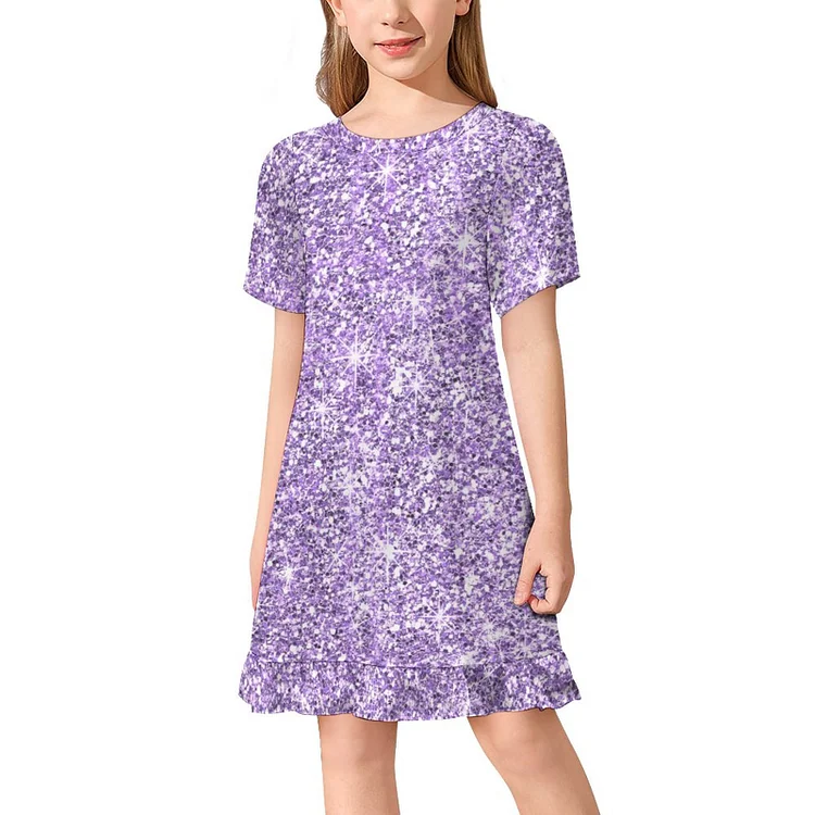 Purple Glitter Shimmery Fuchsia Print Short Sleeve Family Matching Dresses Girls A Line Skater Dress For 3-13 Years - Heather Prints Shirts