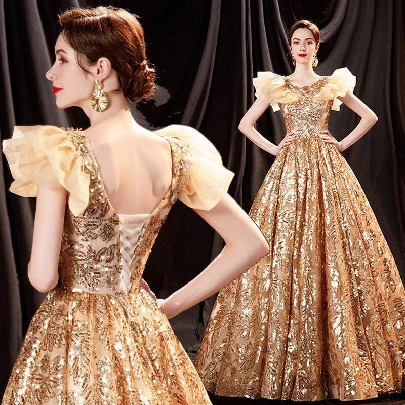Brownm Golden Bride Wedding Toast Annual Stage Walk Show Solo Performance Host Wedding Banquet Evening Dress Woman