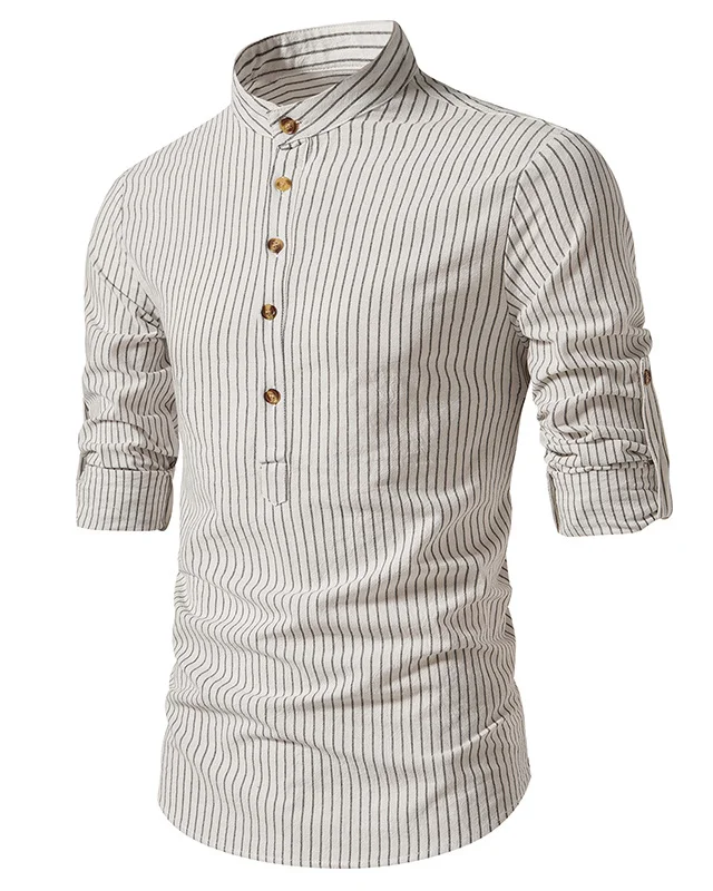 Men's Cotton And Linen Classic Striped Long-Sleeved Shirt 0218