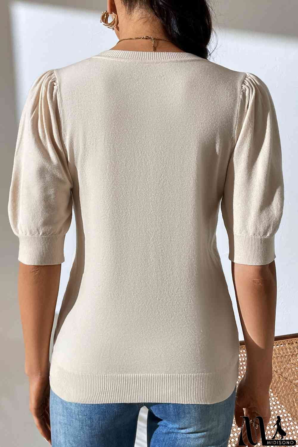 MidiSono - Round Neck Puff Sleeve Knit Top