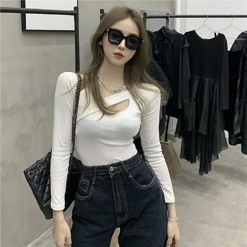 Uveng Uveng 2023 New Style Design Sense Careful Machine Hollow T-Shirt Solid Color All-Match Slim Thin Long-Sleeved Jacket Female Fashion