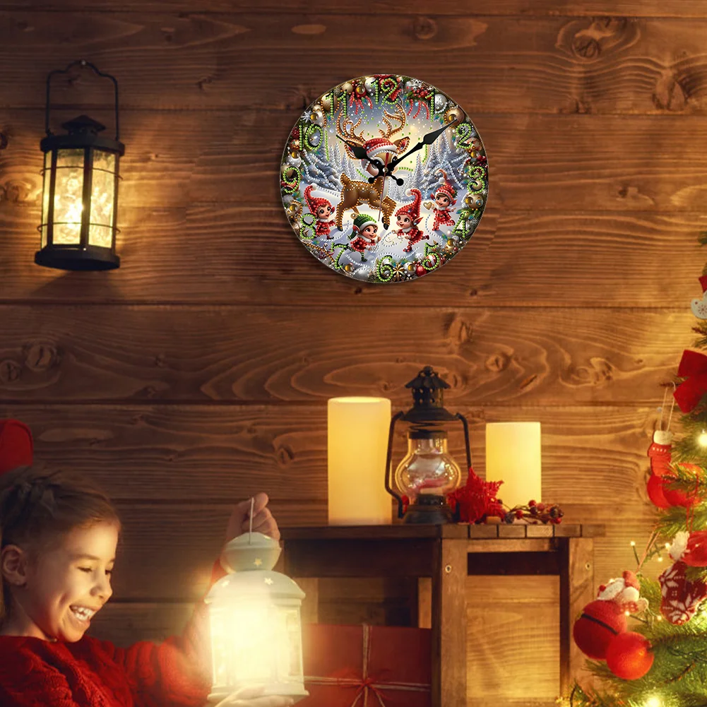 5D DIY Christmas Deer Diamond Painting Clock Kits Diamond Art Wall Clock Decor