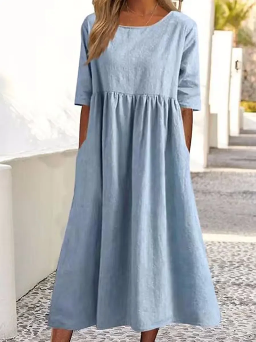 Brownm Brownm Cotton-Sleeved Short-Sleeved Pocket Folded Loose Round-Neck Dress In Summer 2025