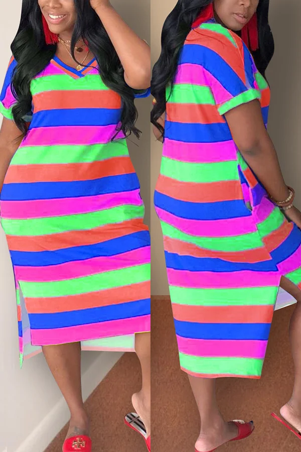 purple Casual Fashion Cap Sleeve Short Sleeves V Neck Sheath Mid-Calf split Striped Rainbow asymm | EGEMISS