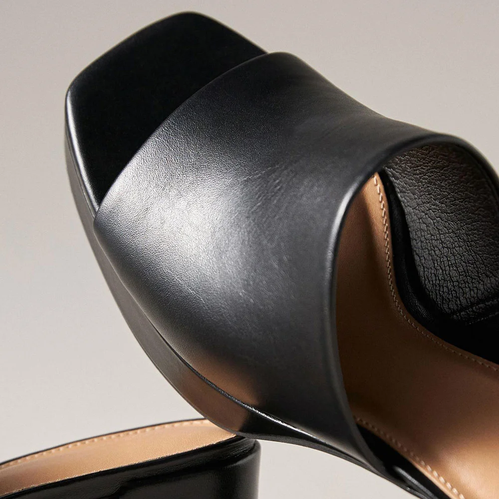 Women's Black Vegan Leather Open Square Toe Block Heeled Mules