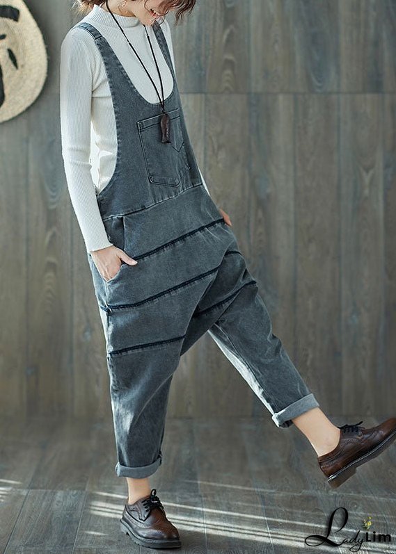 Art Grey Oversized Patchwork Cotton Denim Jumpsuit Spring