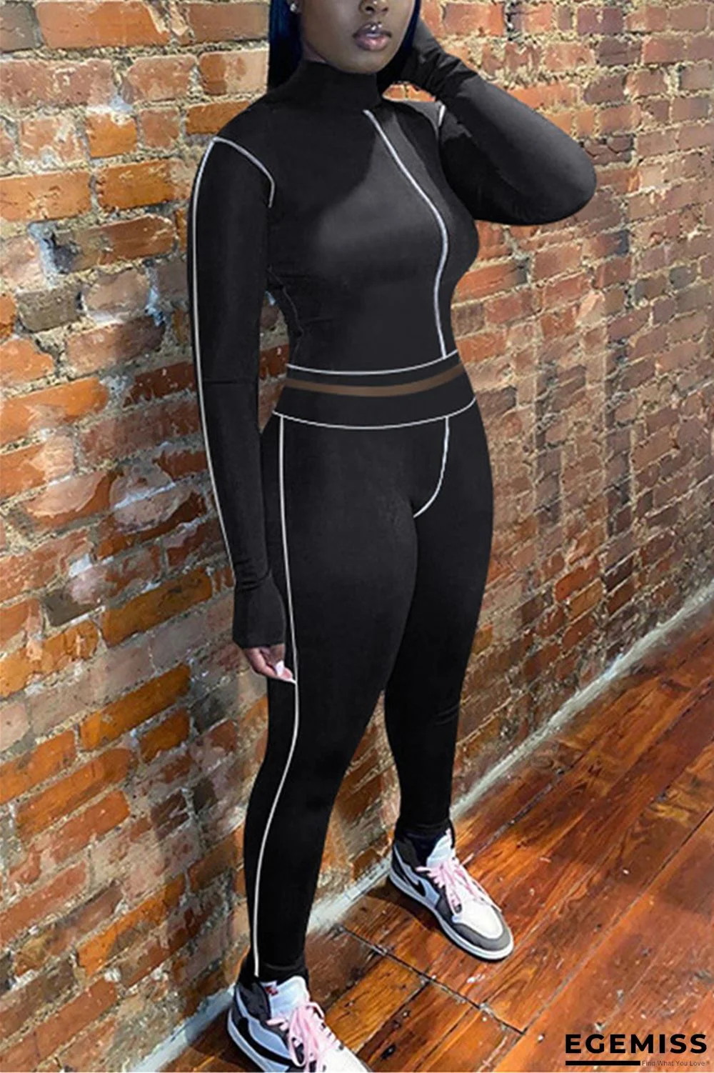 Black knit Active Casual Patchwork Solid Two Piece Suits Straight Long Sleeve Two Pieces | EGEMISS