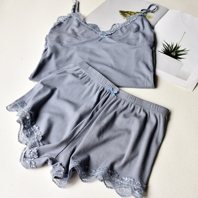 LANFUBEISI Two Piece Cotton Pajamas Set for Women Sexy Lace Top And Shorts Pajama Spaghetti Strap Sleepwear High Elastic Woman Clothes Lanfubeisi