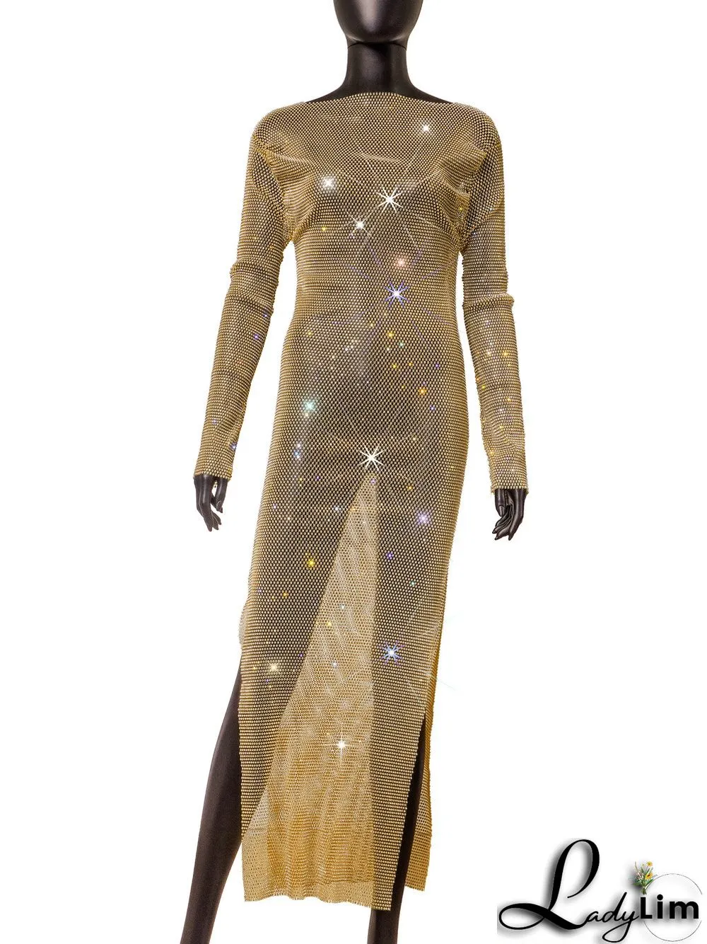 Women's Side Slit Party Night Round Neck Long Sleeve Sparkly Beaded Maxi Dress