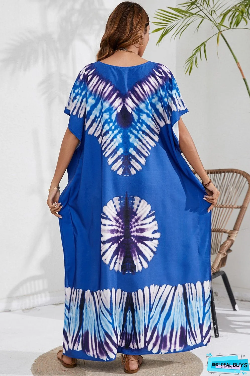 Slit Printed V-Neck Short Sleeve Cover Up