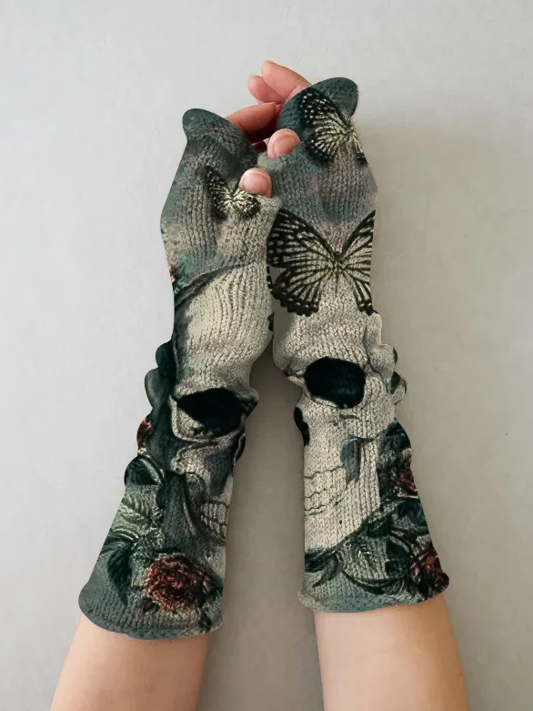 （Ship within 24 hours）Retro skull casual print knit fingerless gloves